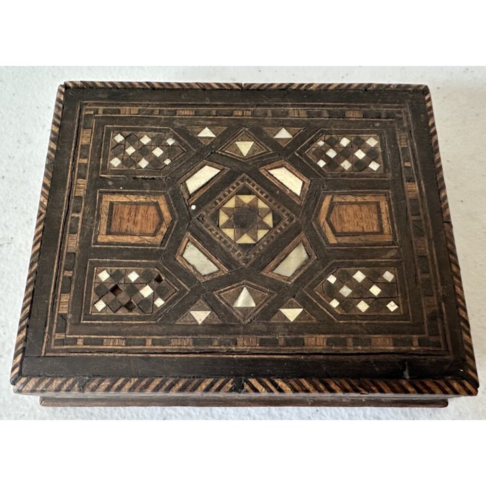 Damascus wood inlay trinket box vintage shell mother of pearl micro mosaic hinge